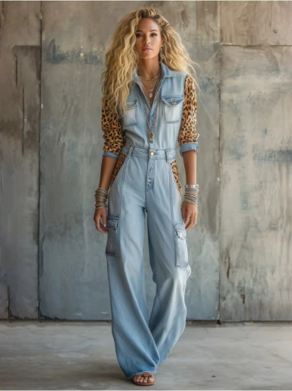 Retro Style Leopard Print Patchwork Blue Jumpsuit